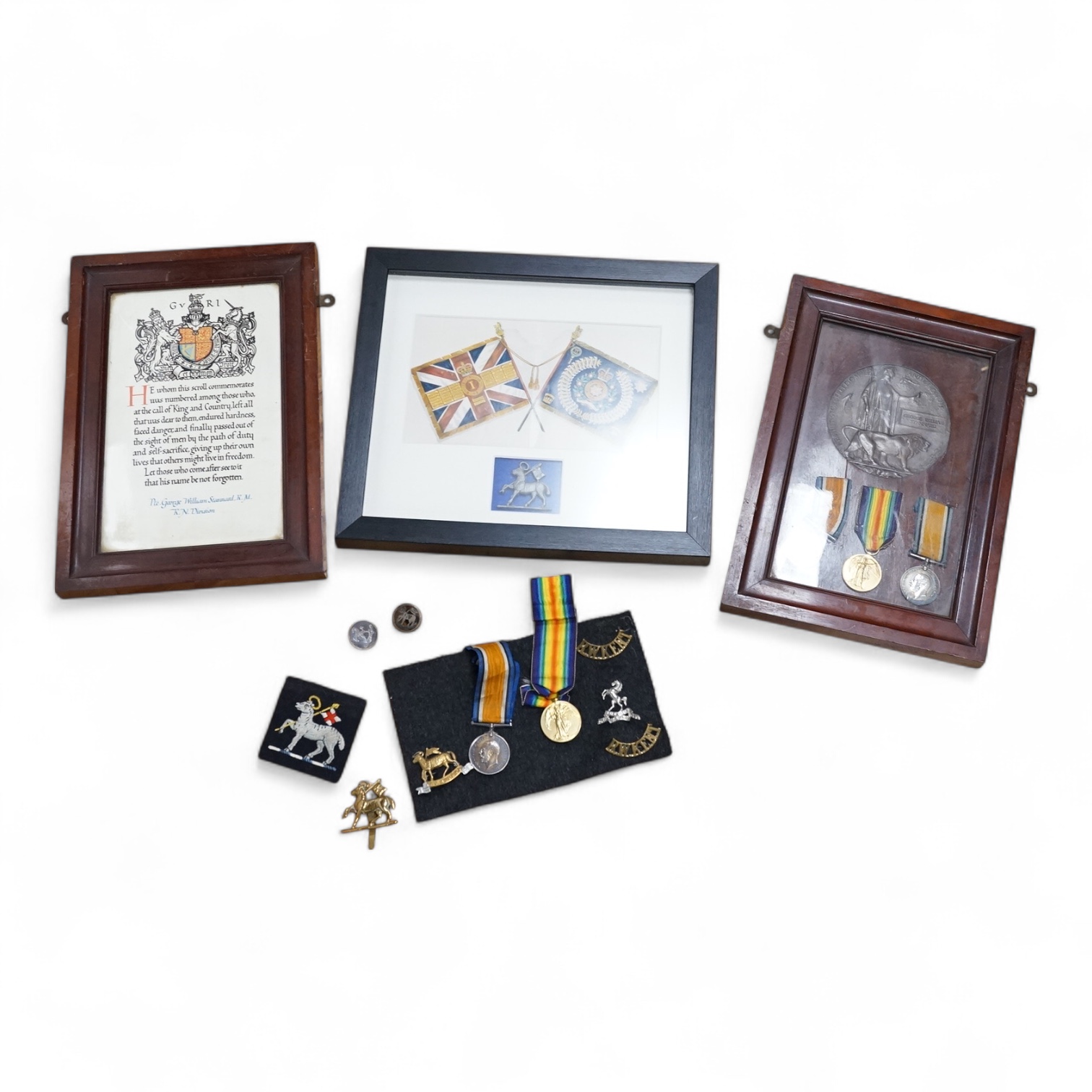 Two First World War medal groups; a framed medal trio and memorial plaque awarded to Pte. George William Stannard R.M. R.N. Division, with the scroll in a separate matching frame, together with a medal pair awarded to 20